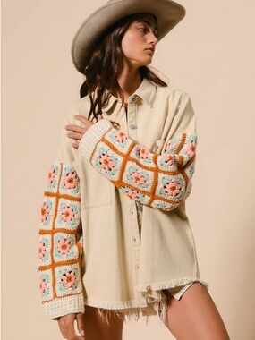 BiBi Cream Jacket with Crochet Floral Sleeves